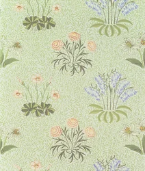 Tapete mit Gänseblümchenmuster, Maiglöckchen und anderen Wildblumen auf einem „Weiden“-Hintergrund, entworfen von William Morris (1834-96), 1862